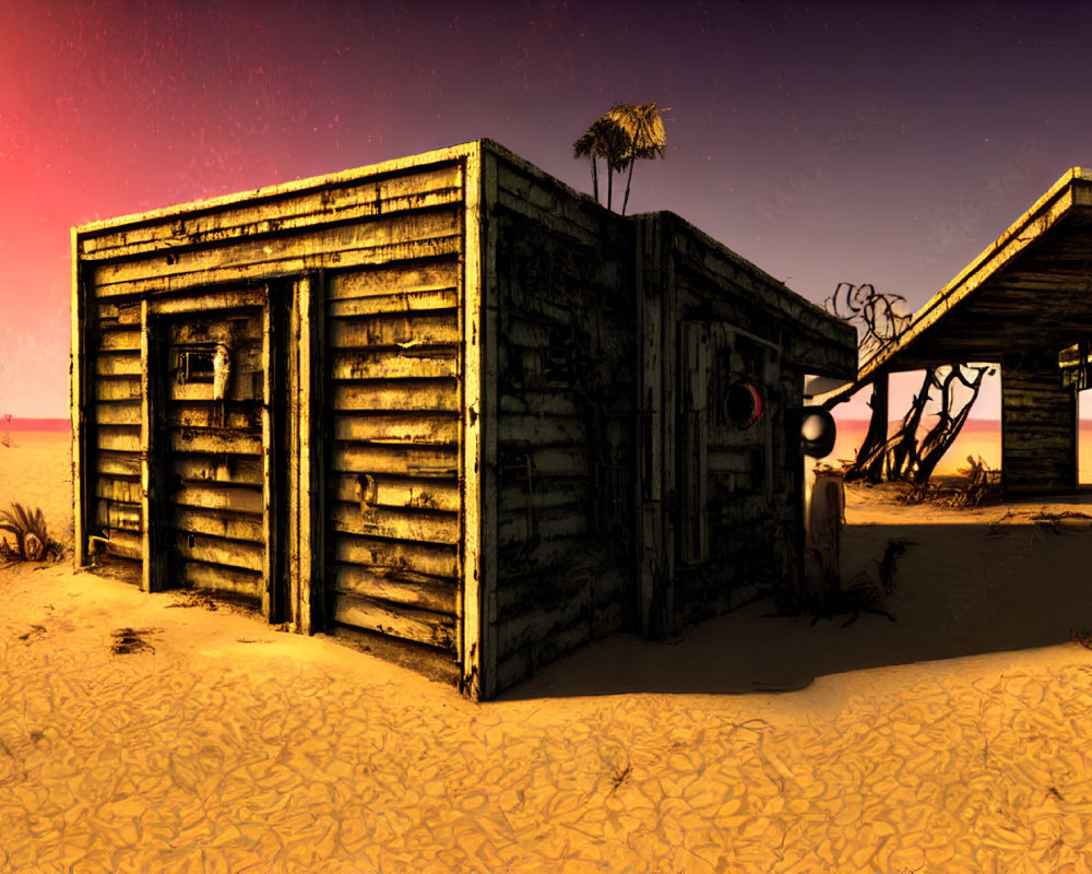 Deserted wooden structure under reddish desert sky