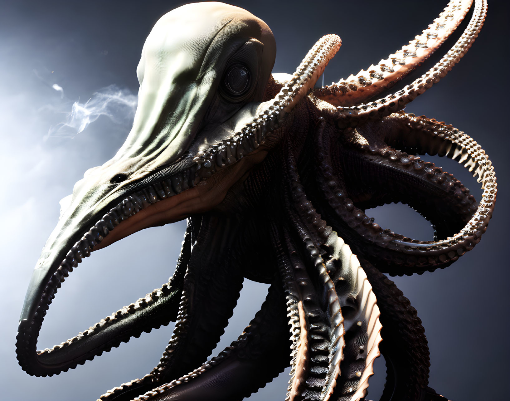 Digital artwork featuring creature with octopus-like head and tentacles, deep-set eyes on dark background