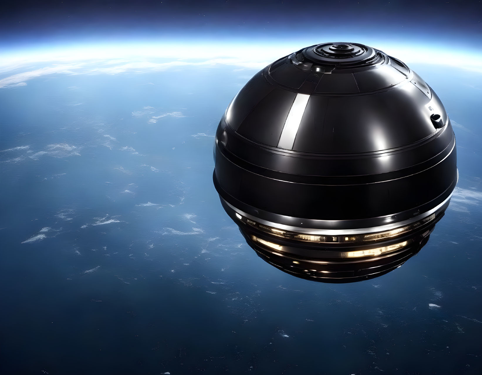 Futuristic spherical satellite with illuminated panels in space orbit.