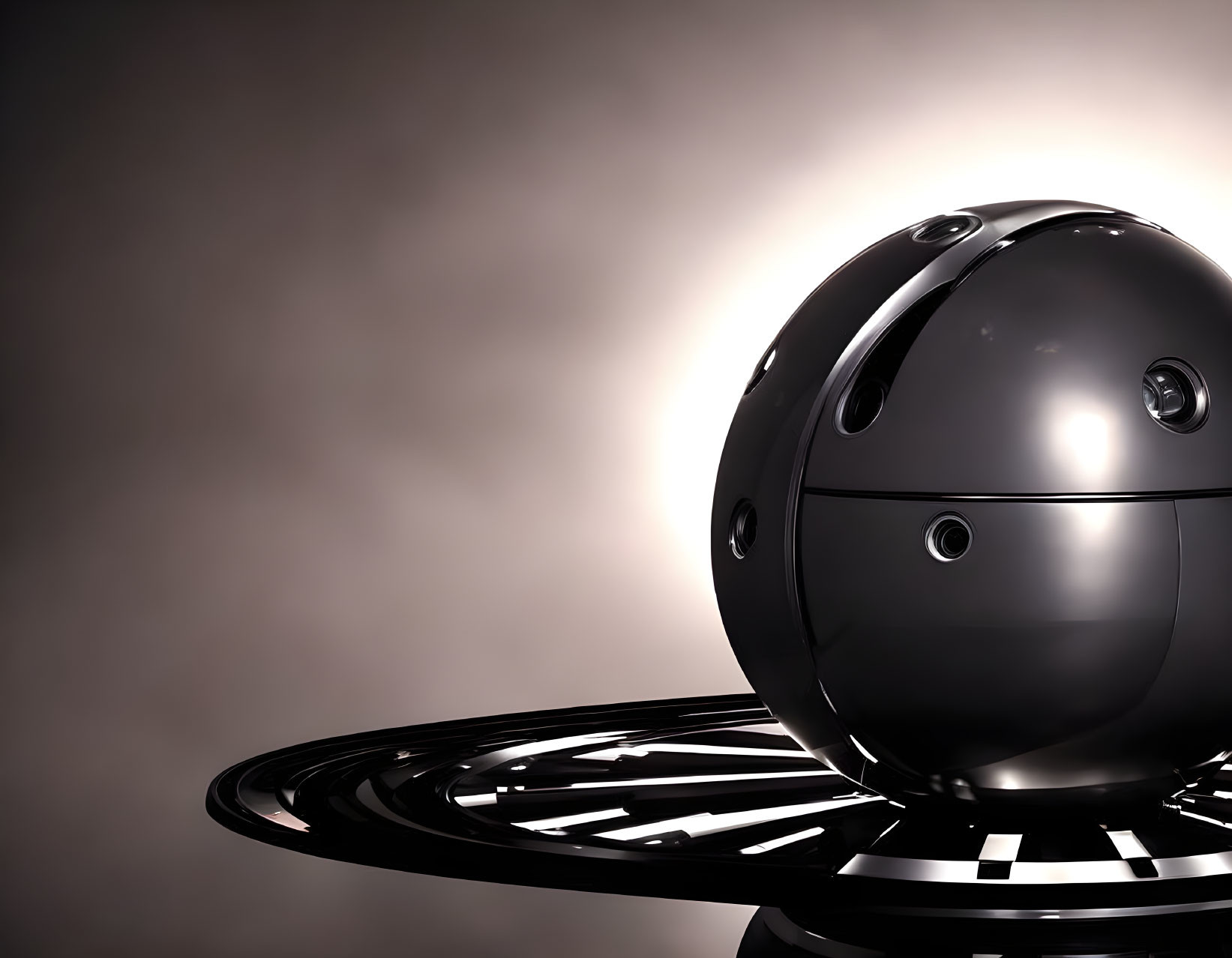 Futuristic spherical robot on patterned base with soft light