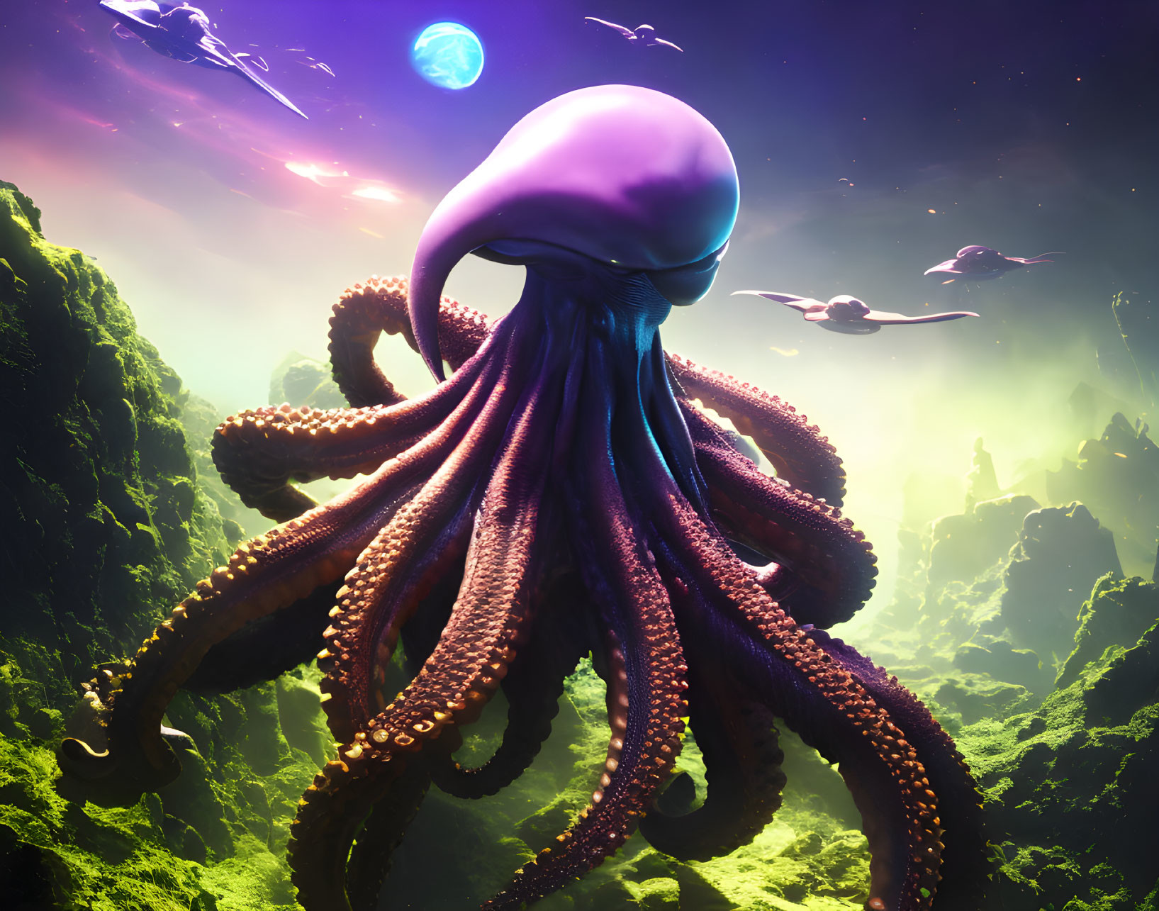 Purple jellyfish with tentacles in alien landscape with saucers & planets
