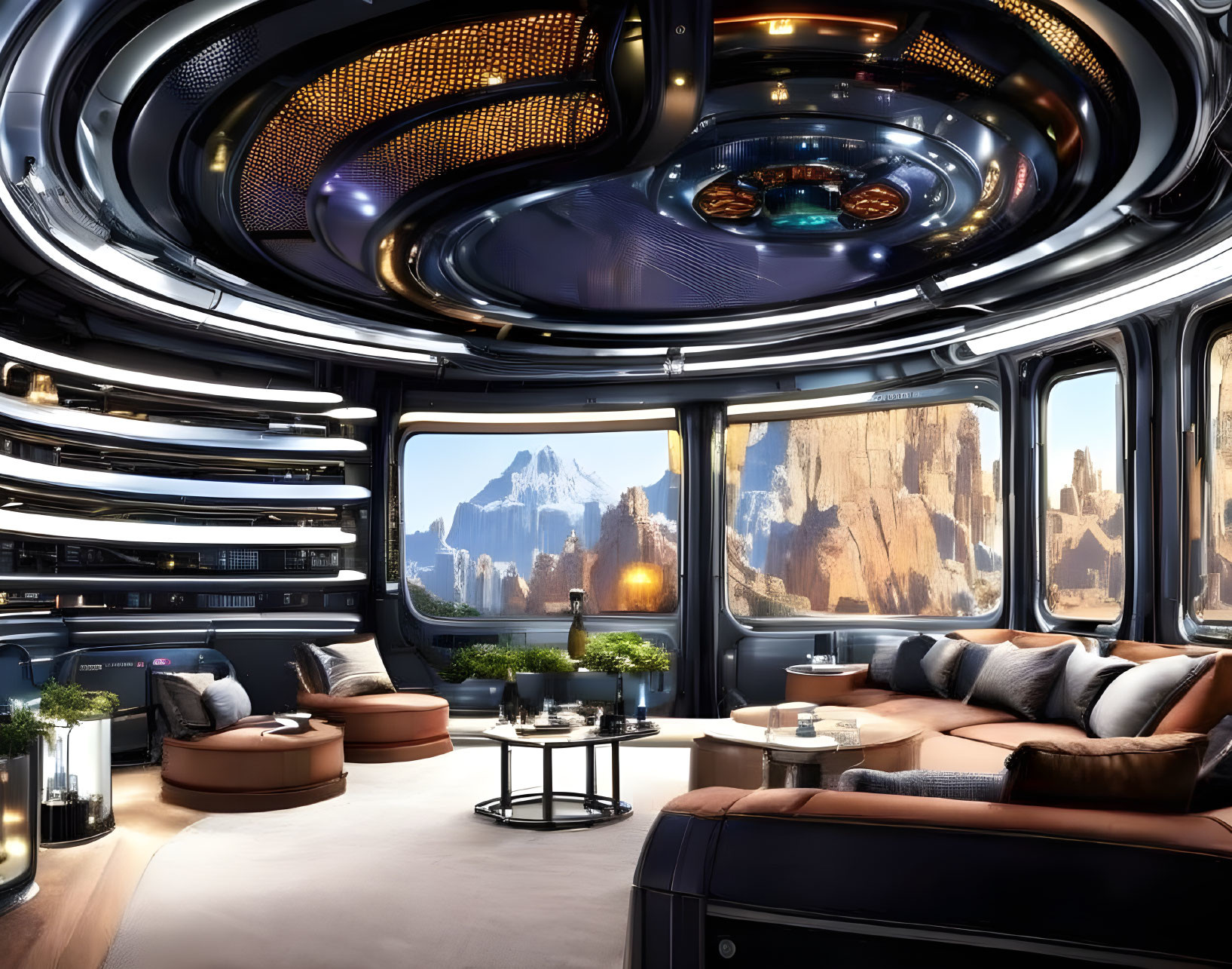 Sleek Black Futuristic Luxury Room with Circular Lighting and Mountain View