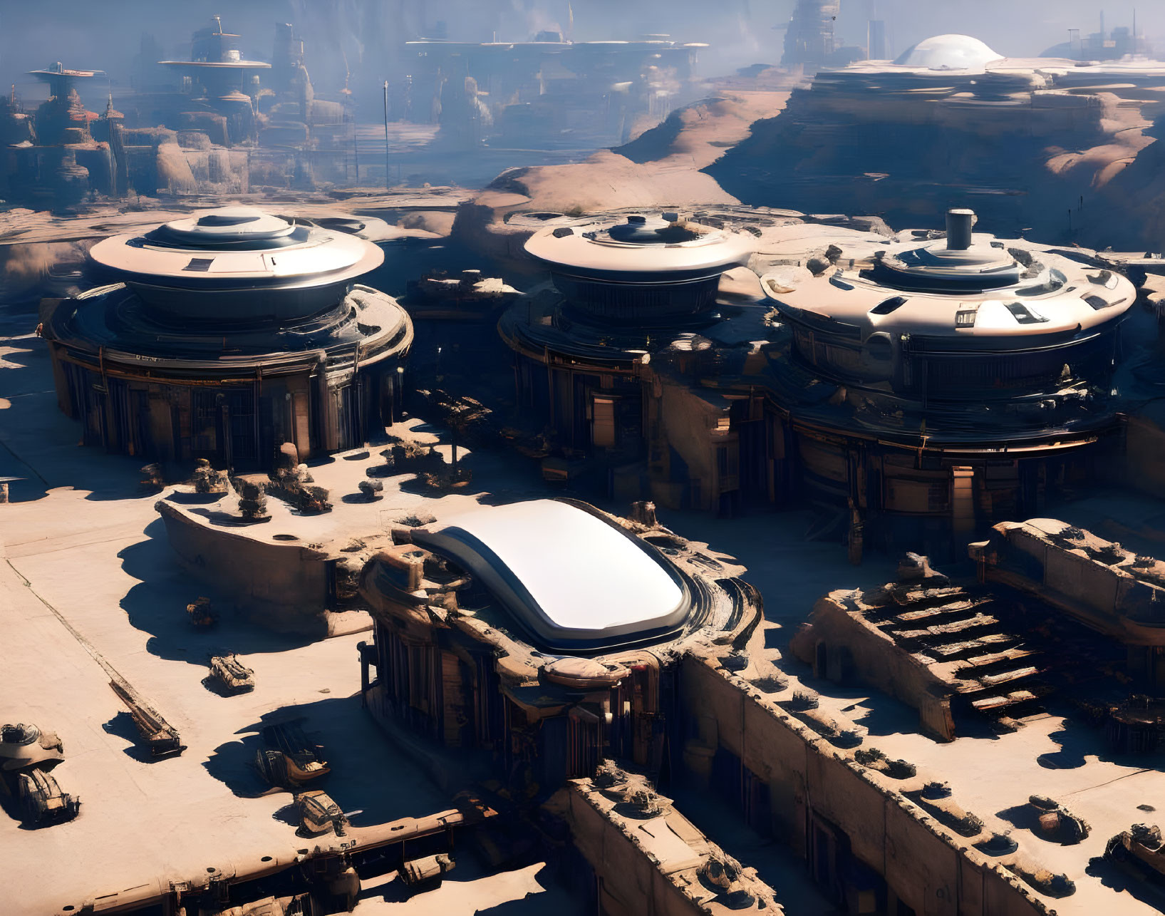 Futuristic desert city with large dome structures and advanced buildings.