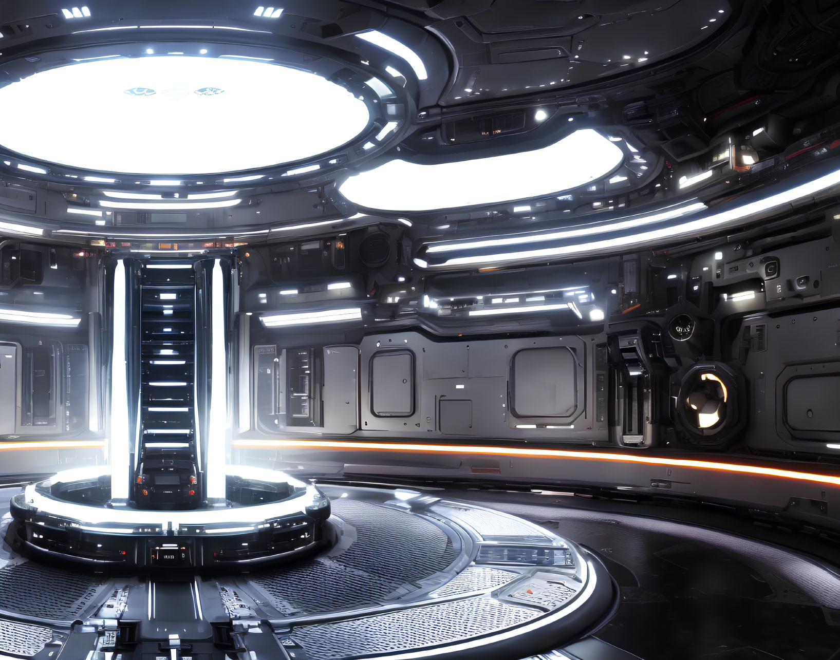 Futuristic spacecraft interior with glowing panels and circular lights