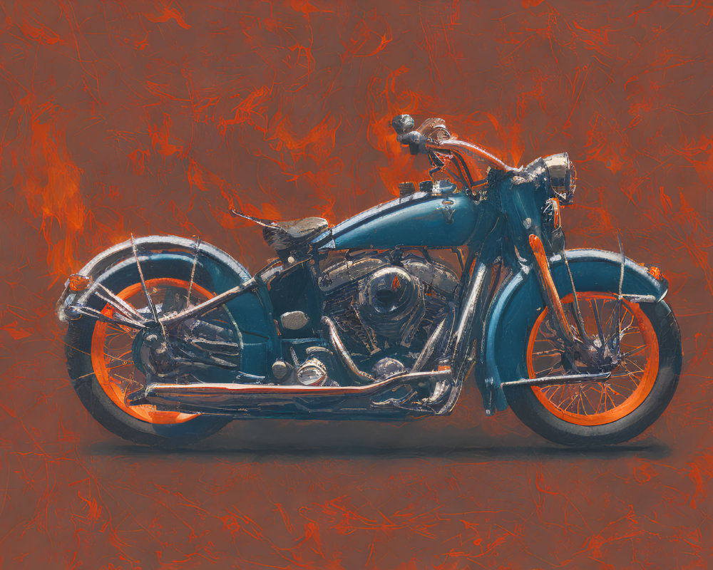 Stylized classic motorcycle on fiery red textured background