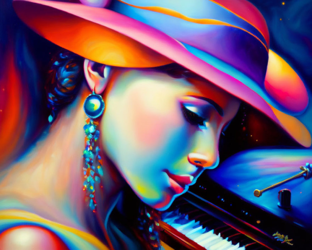 Colorful painting of woman in wide-brimmed hat near piano
