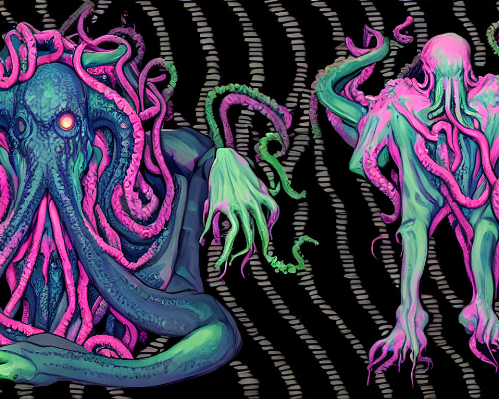 Colorful Octopus-Like Creatures on Dark Background