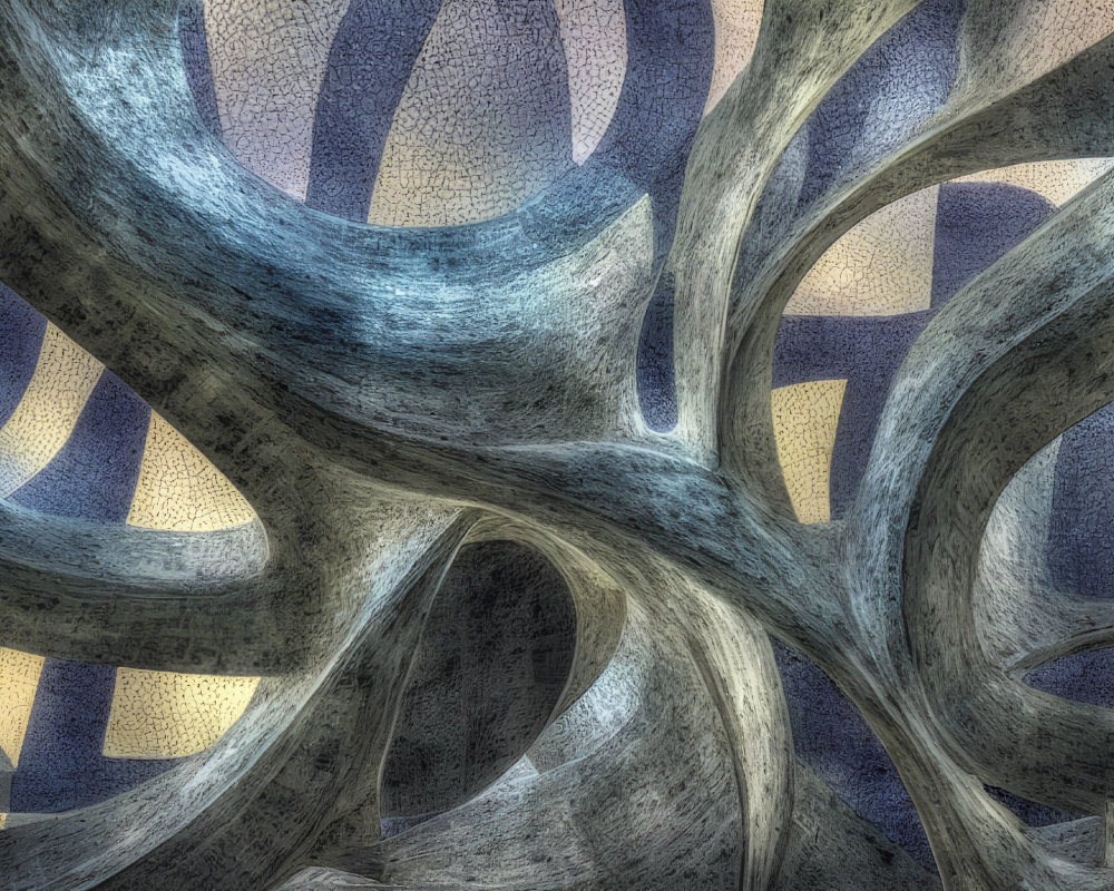 Abstract gray ribbons entwined in blue and beige mosaic art