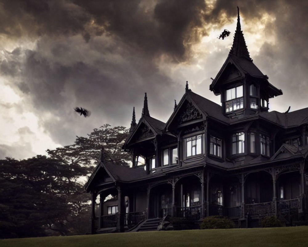Gloomy Gothic mansion under dark, stormy sky