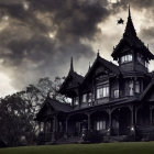 Gloomy Gothic mansion under dark, stormy sky