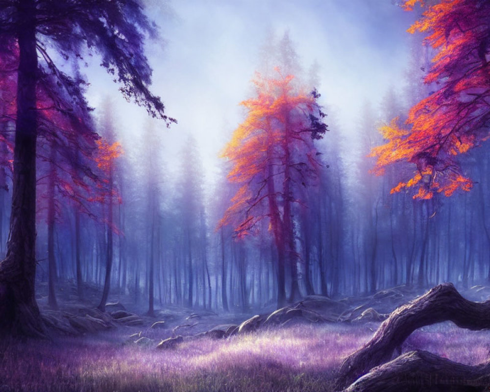 Vibrant purple and pink mystical forest with fiery autumn trees
