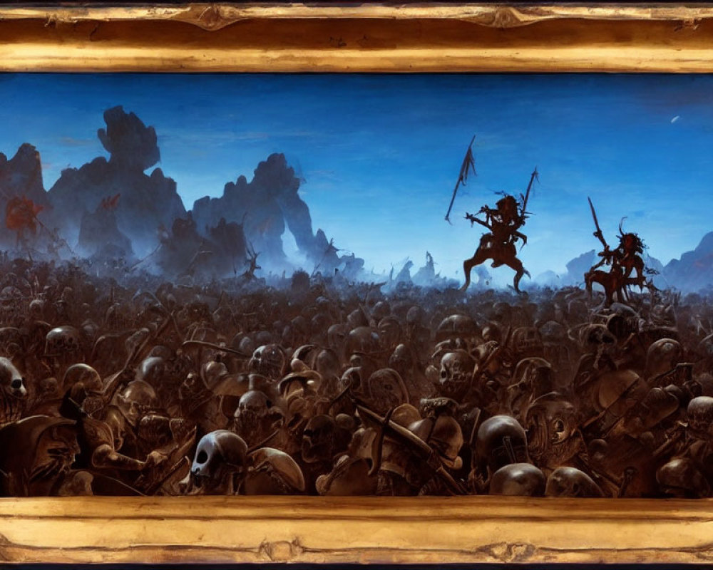 Fantastical painting of warriors on horseback battling skeletons at dusk
