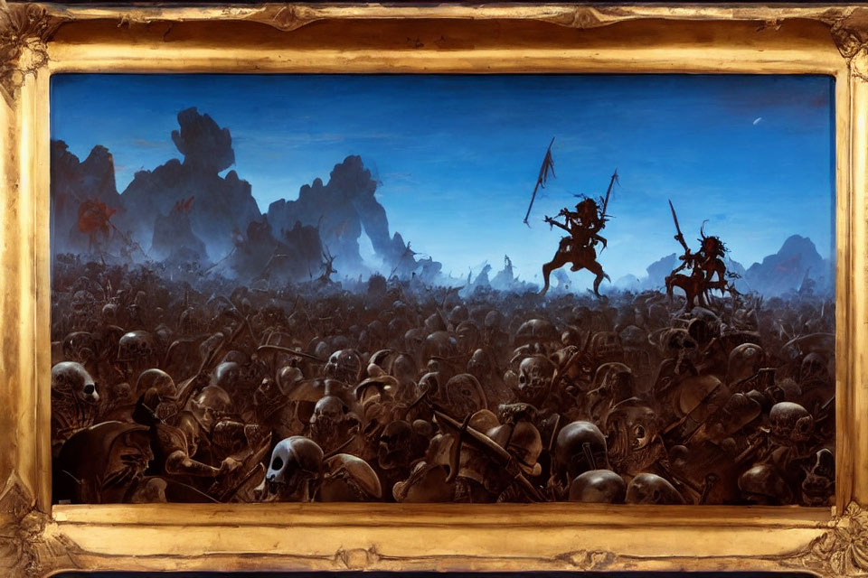 Fantastical painting of warriors on horseback battling skeletons at dusk