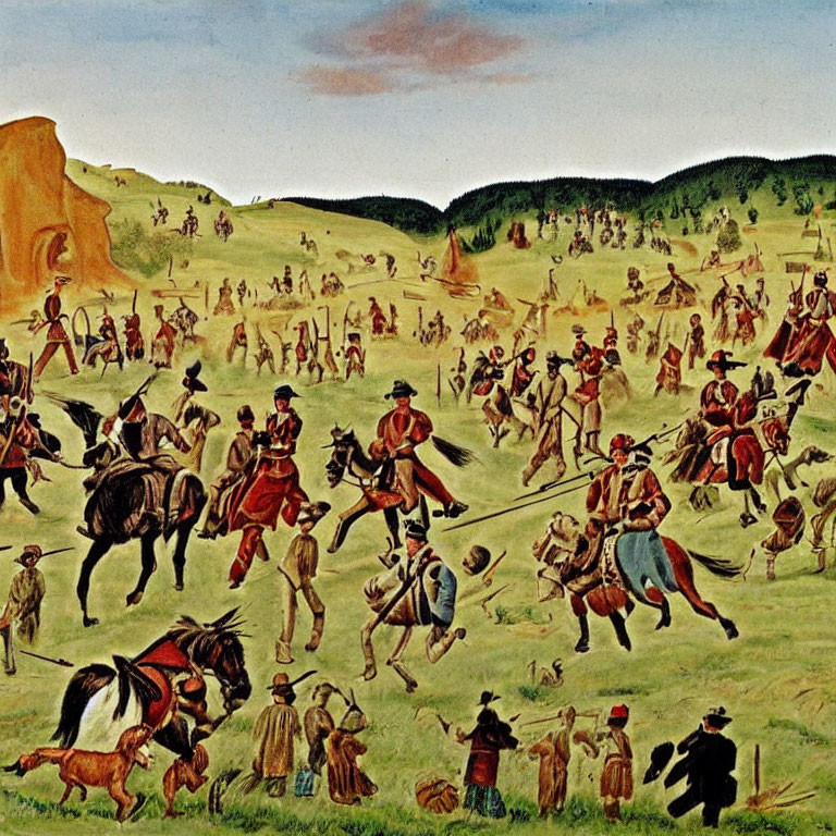 Historical battle scene: soldiers on horseback and foot in combat on green field
