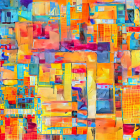 Colorful Abstract Painting with Blue, Orange, and Yellow Strokes