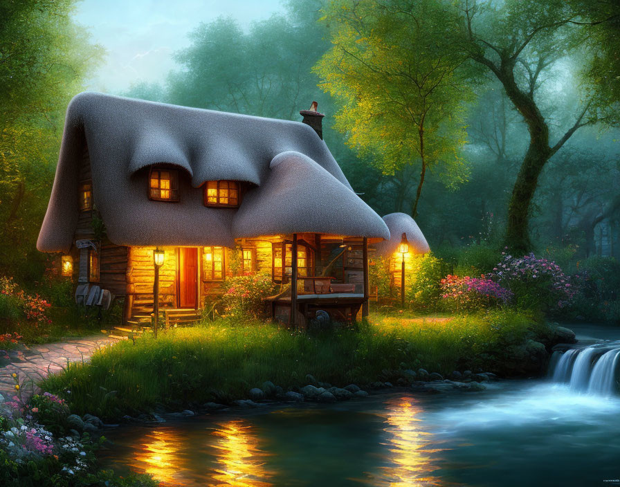 Quaint Thatched Cottage Beside Waterfall at Twilight