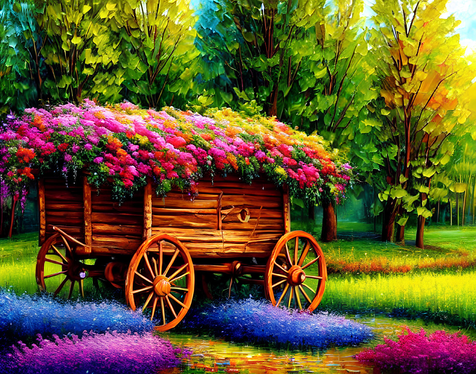 Colorful Flower-Filled Cart in Sunlit Forest Clearing