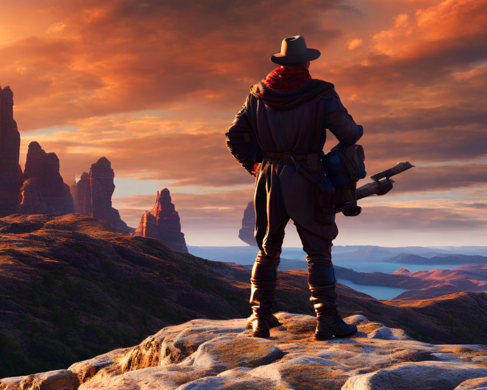 Cowboy in Rocky Landscape at Sunset