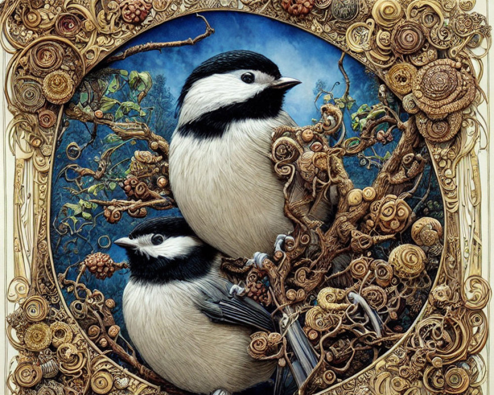 Chickadees on twisted branches in ornate golden frame