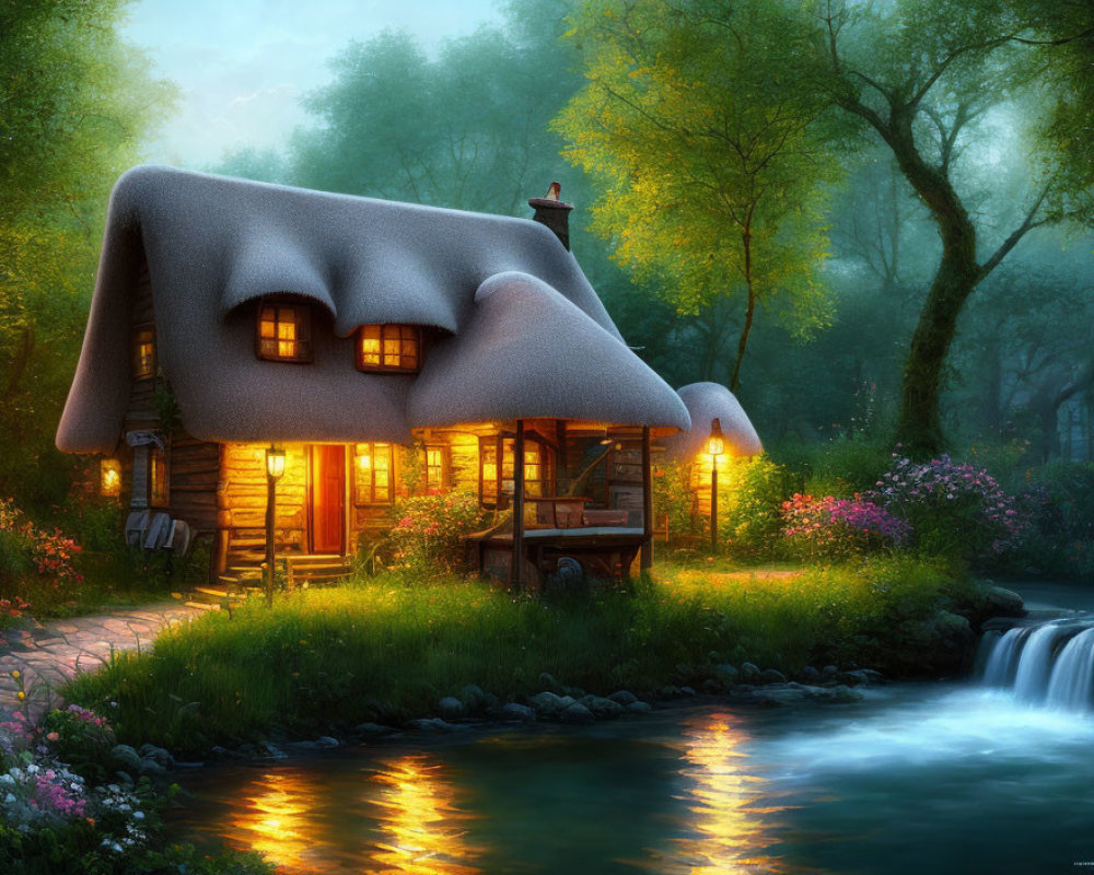 Quaint Thatched Cottage Beside Waterfall at Twilight