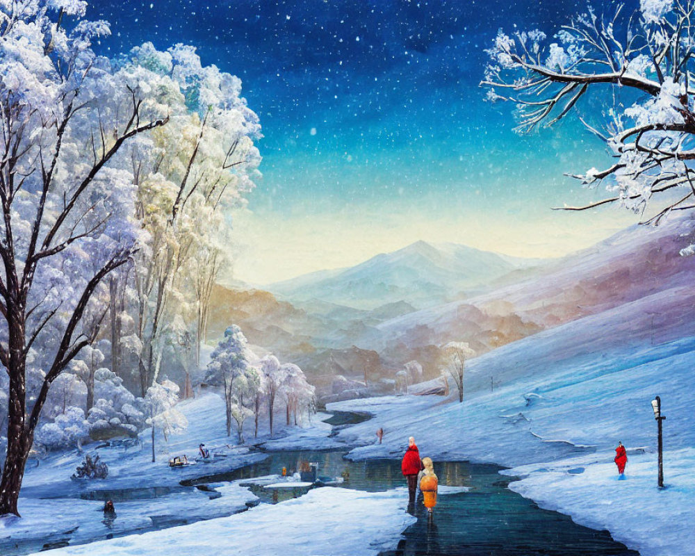 Snowy Landscape with People Walking by Frozen River at Night