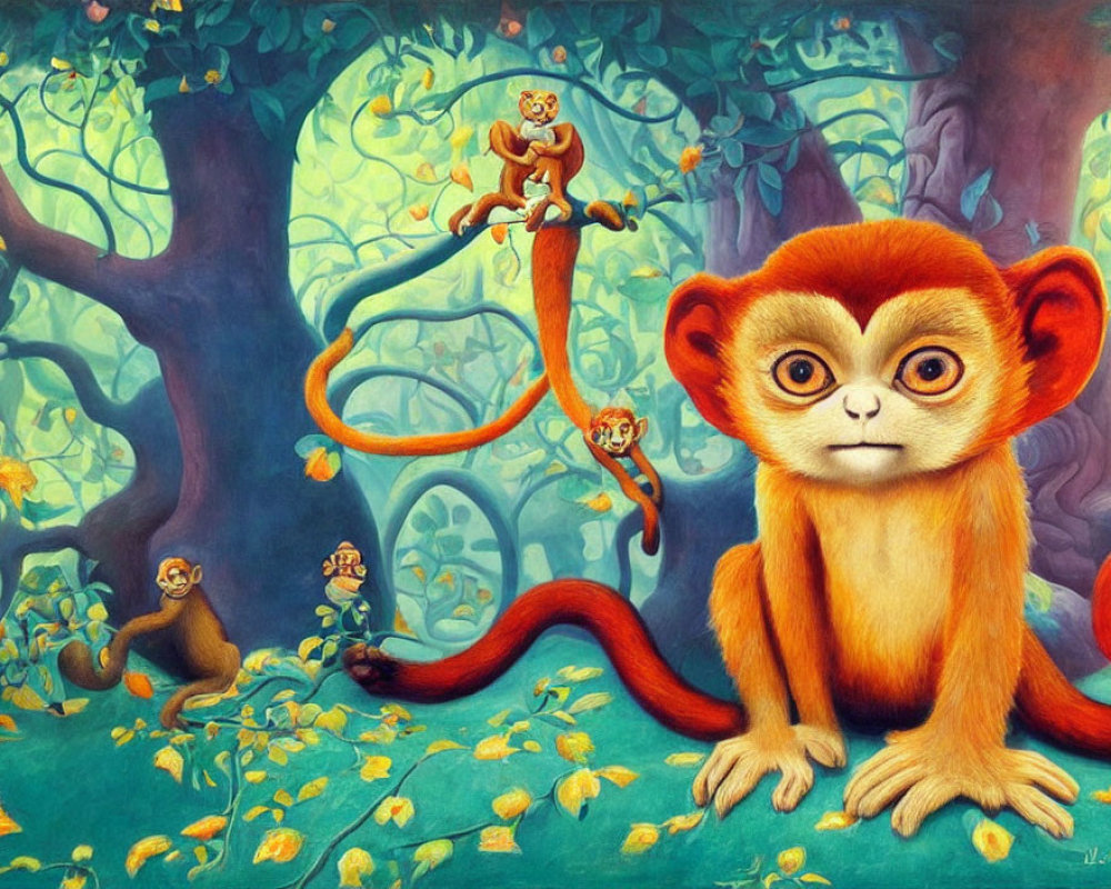 Colorful Cartoon Monkeys in Whimsical Forest Scene