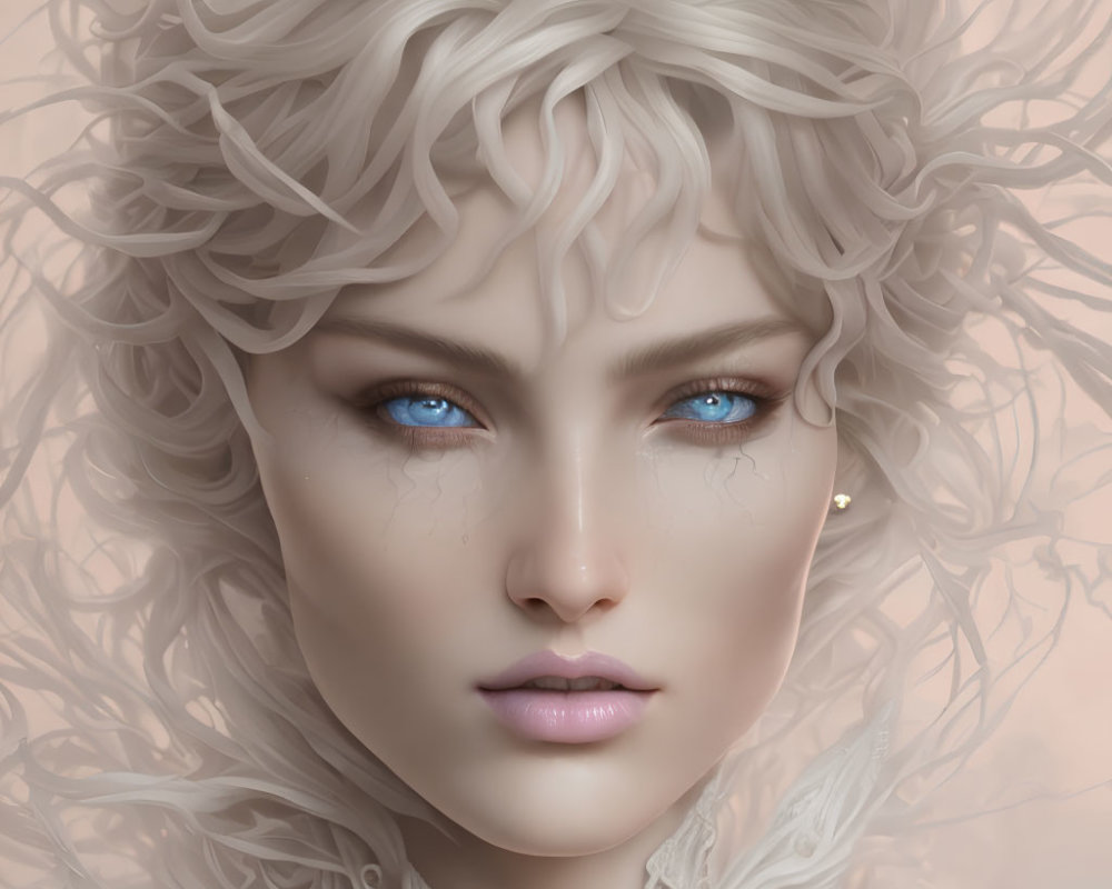 Digital artwork featuring a person with intricate white hair and blue eyes in a pastel setting
