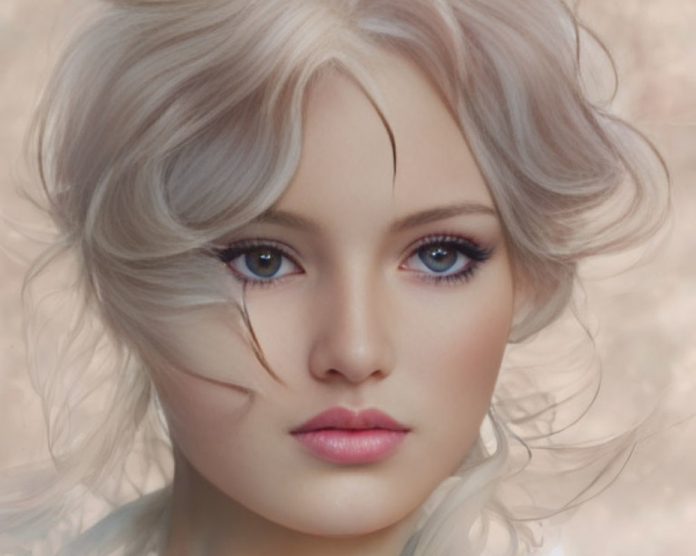CGI image featuring woman with blue eyes, pale skin, full lips, and silver hair