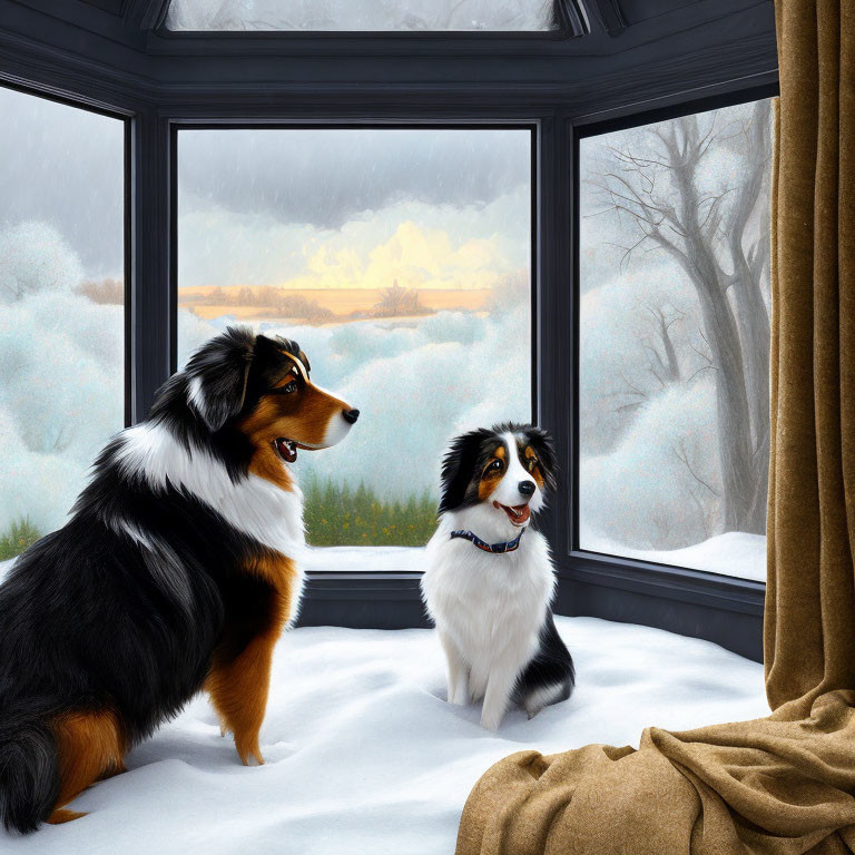 Australian Shepherd Dogs Observing Snowy Landscape Through Bay Window
