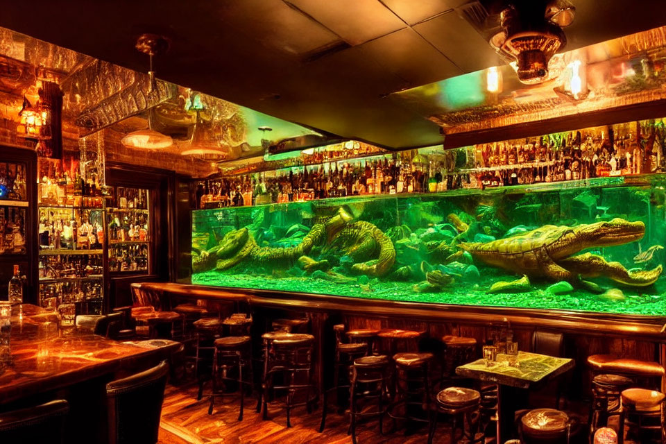 Eclectic decor in dimly-lit bar with elaborate bar shelf and alligator sculptures.