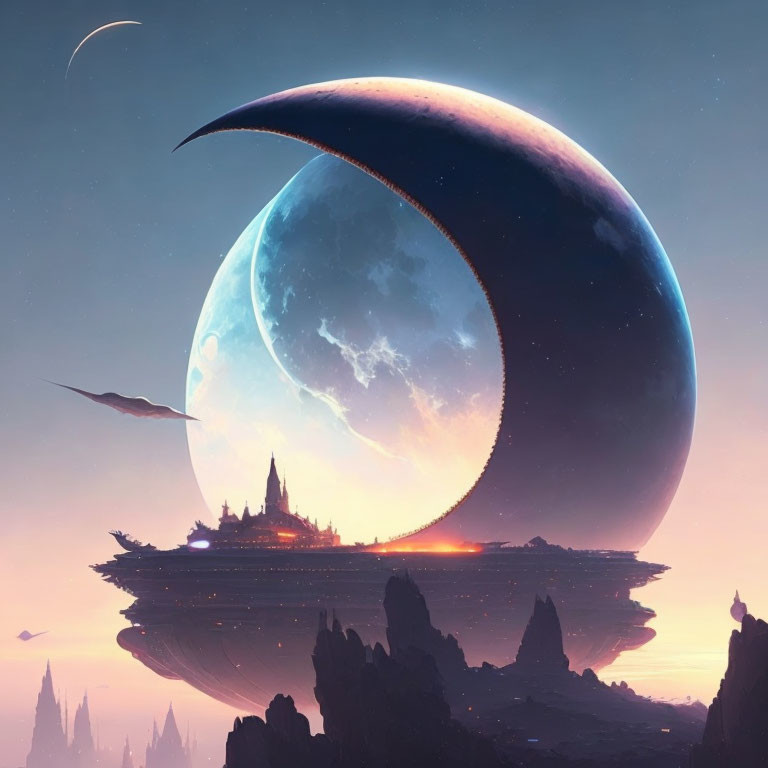 Gigantic crescent moon over floating city in pink and blue sunset sky