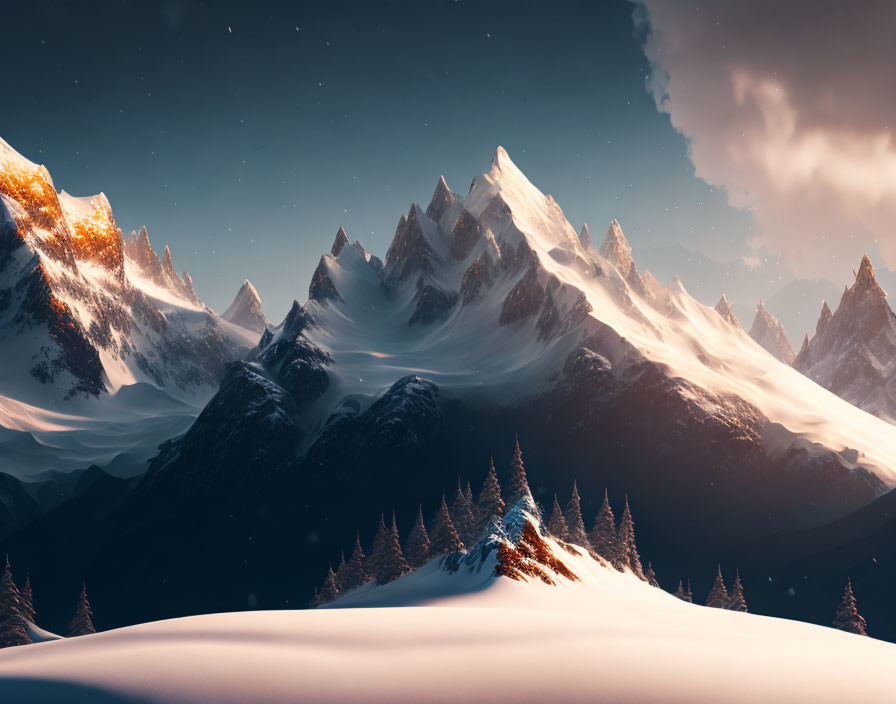 Majestic snow-covered peaks under dramatic sky