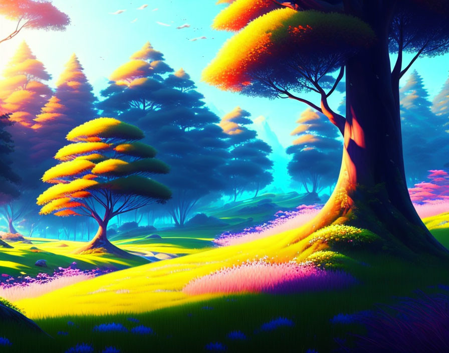 Colorful Fantasy Landscape with Trees, Flowers, and Soft Light