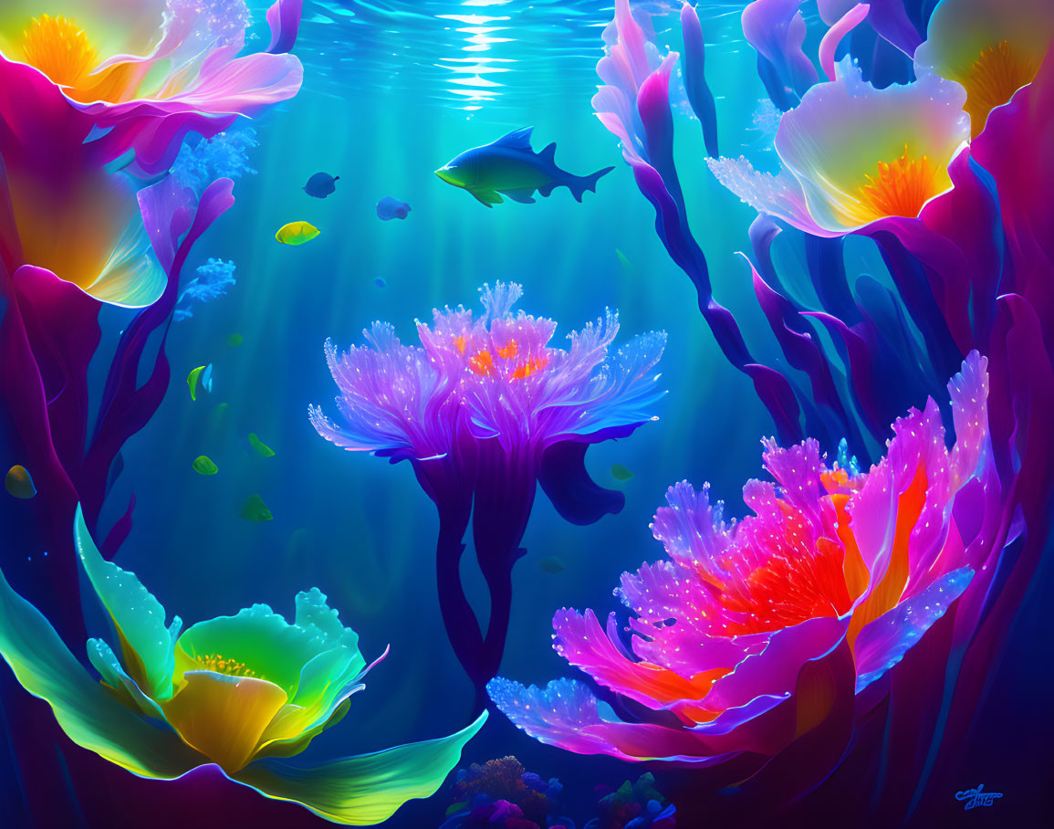 Colorful Underwater Scene with Oversized Flowers and Shark Silhouette