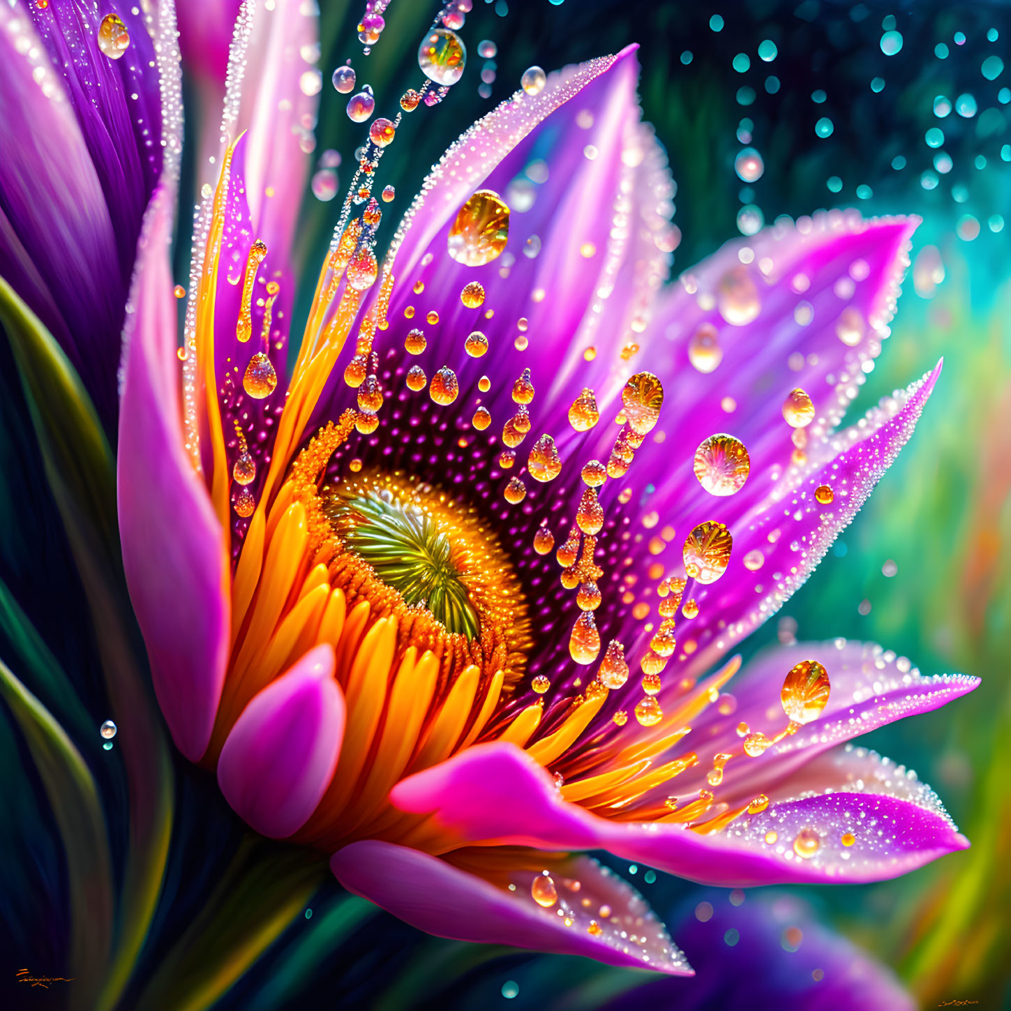Colorful digital artwork: Dew-covered flower with luminous water droplets and intricate spiral pattern.