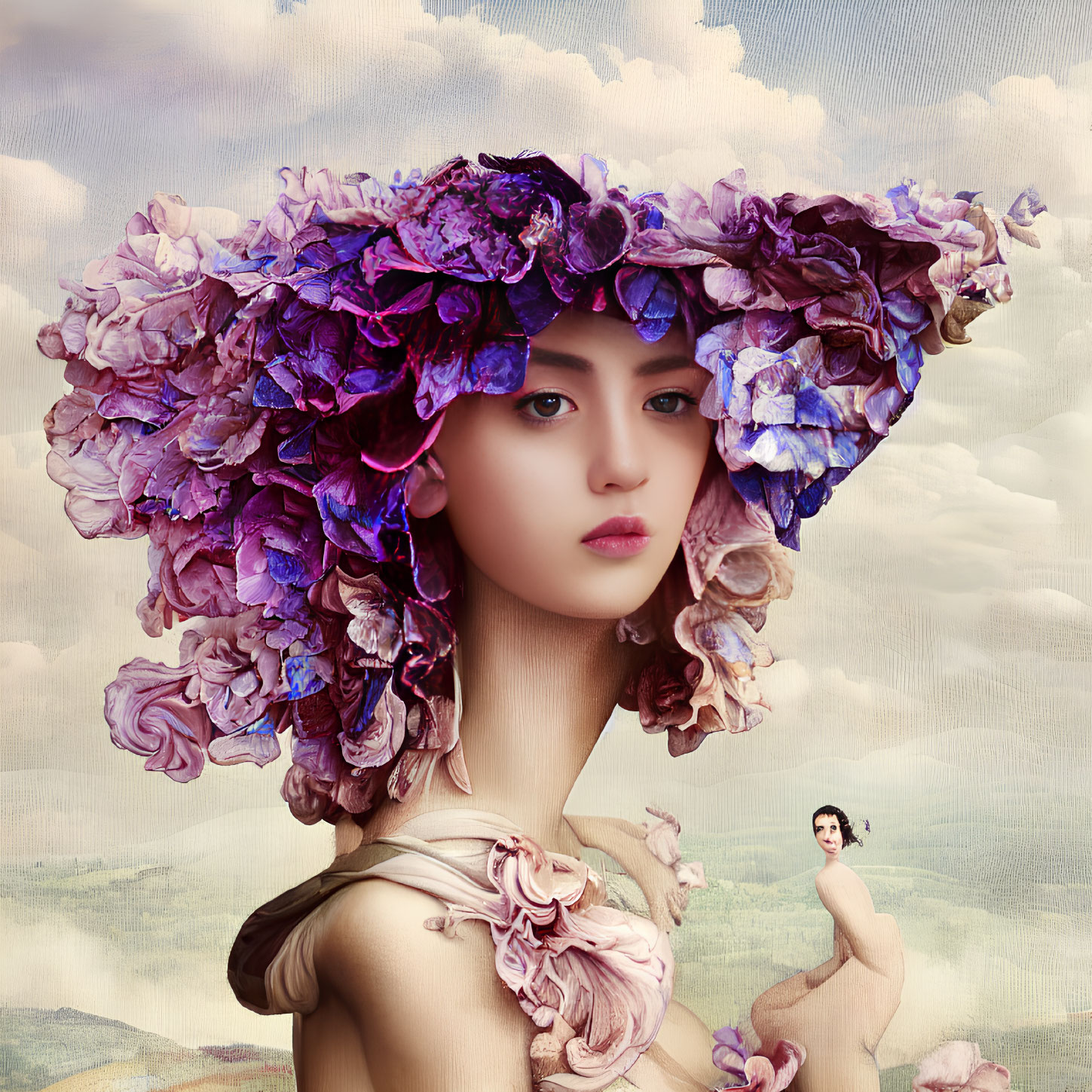 Person wearing large purple and blue flower headdress in front of classical landscape painting.