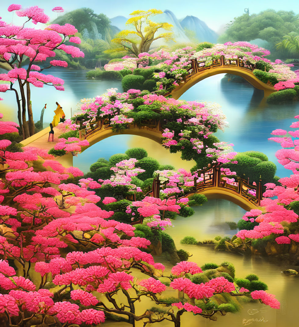 Tranquil landscape with footbridge, lush flowering trees, and river
