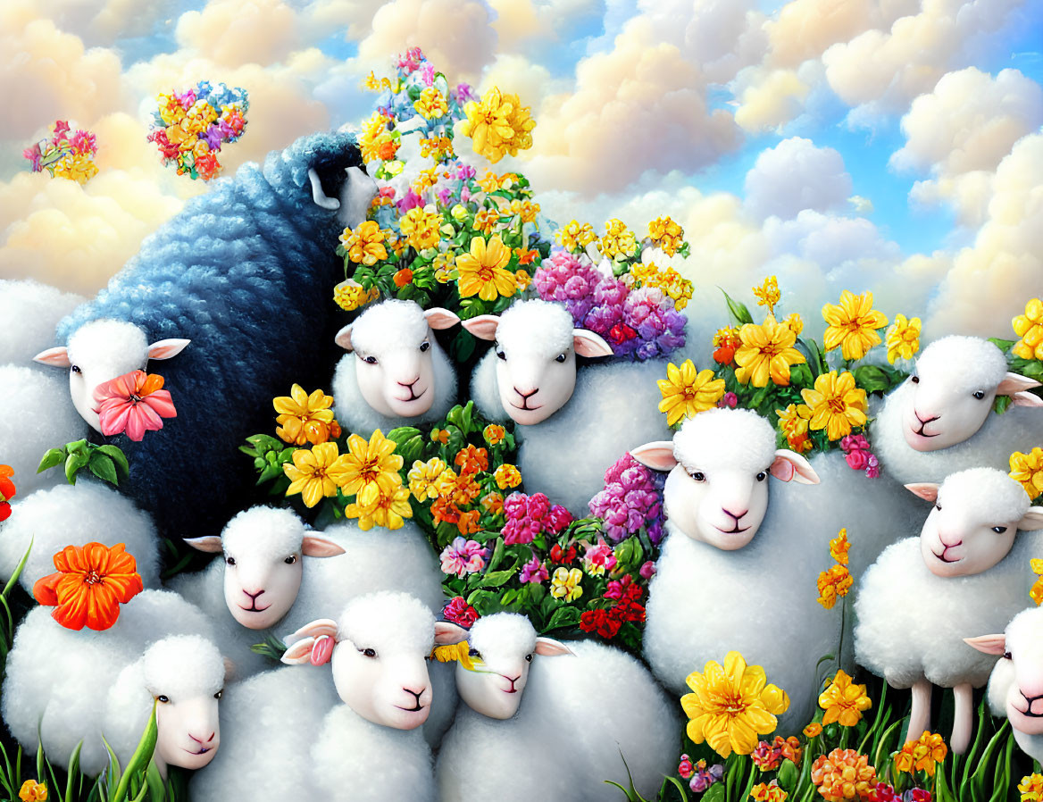 Colorful Sheep and Flowers in Cloudy Sky Illustration