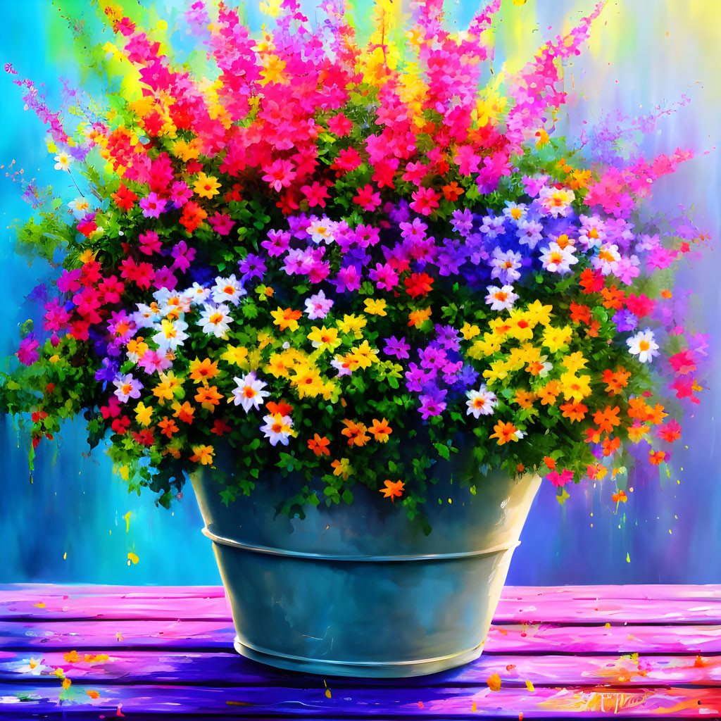Colorful Flowerpot Painting with Vibrant Flowers on Blue Background