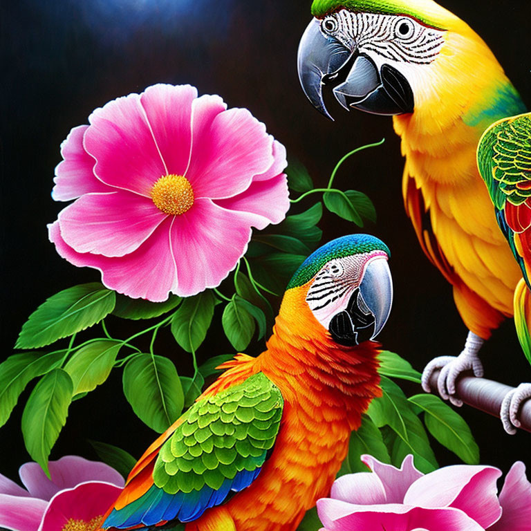 Vibrant orange and green parrots beside pink flowers on dark background