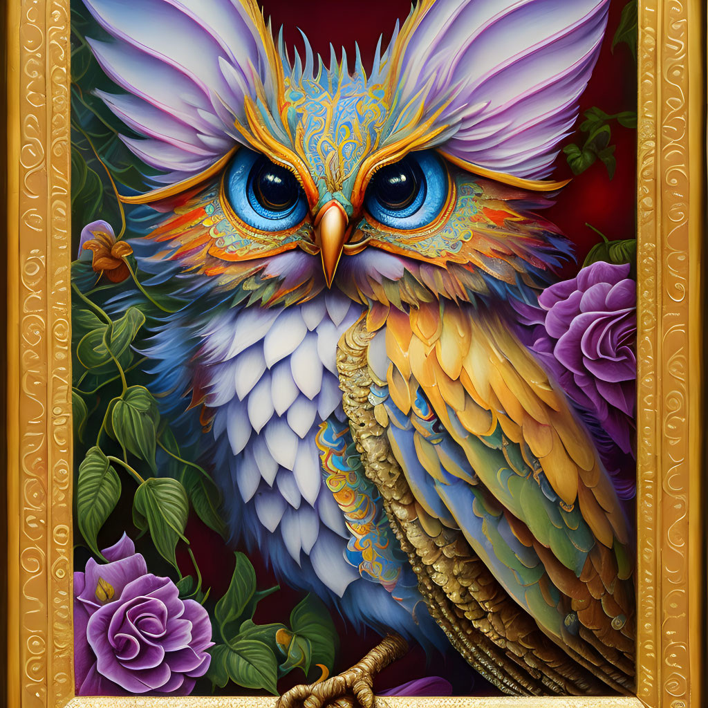 Colorful Owl Illustration with Golden Border and Flowers