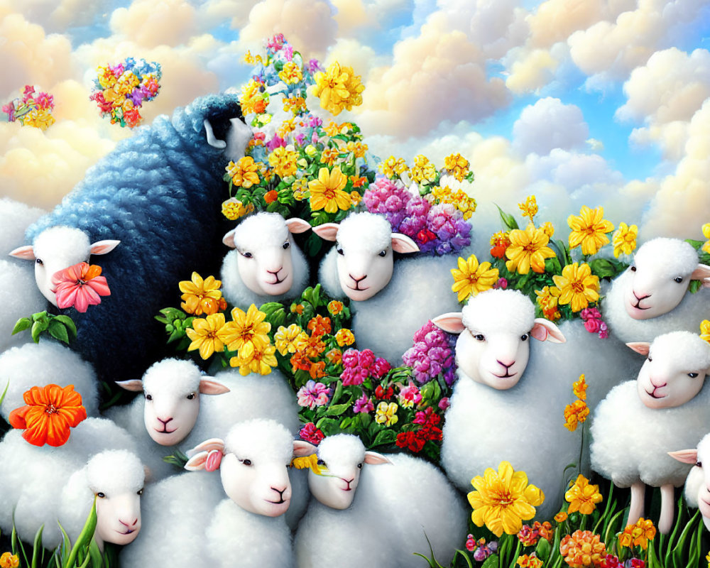 Colorful Sheep and Flowers in Cloudy Sky Illustration