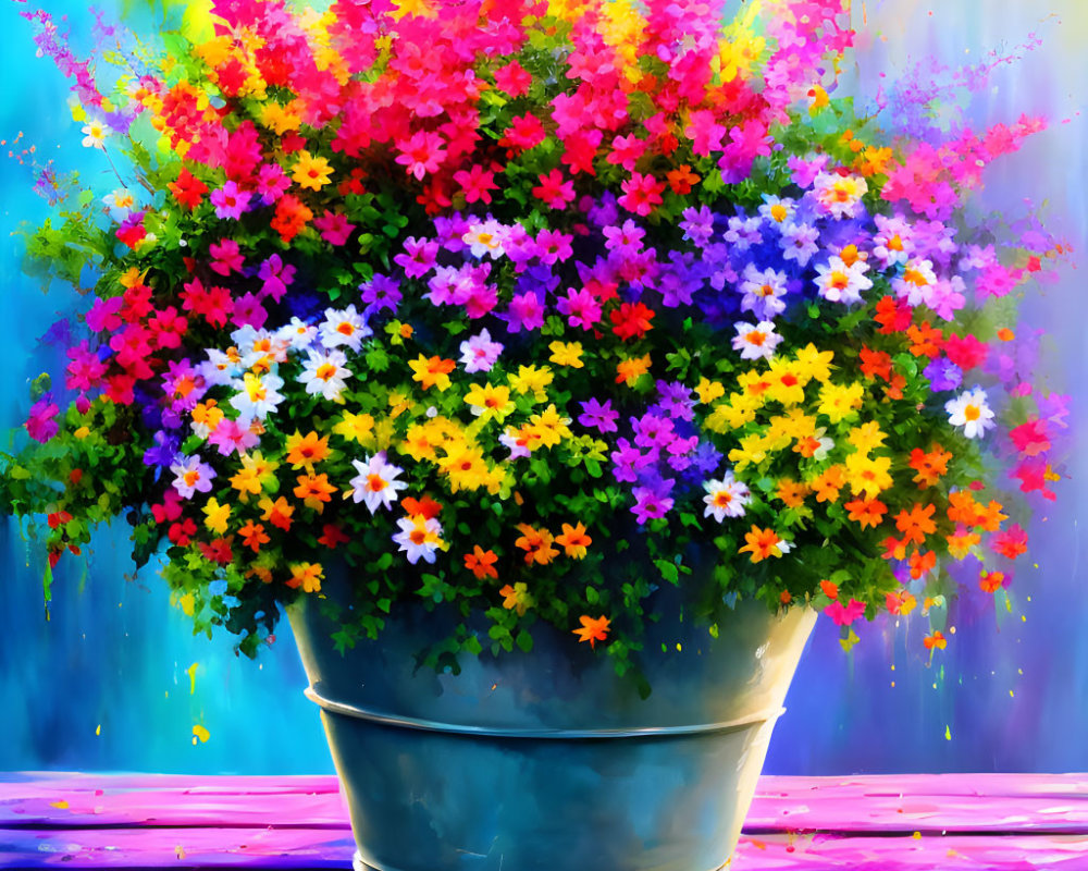 Colorful Flowerpot Painting with Vibrant Flowers on Blue Background
