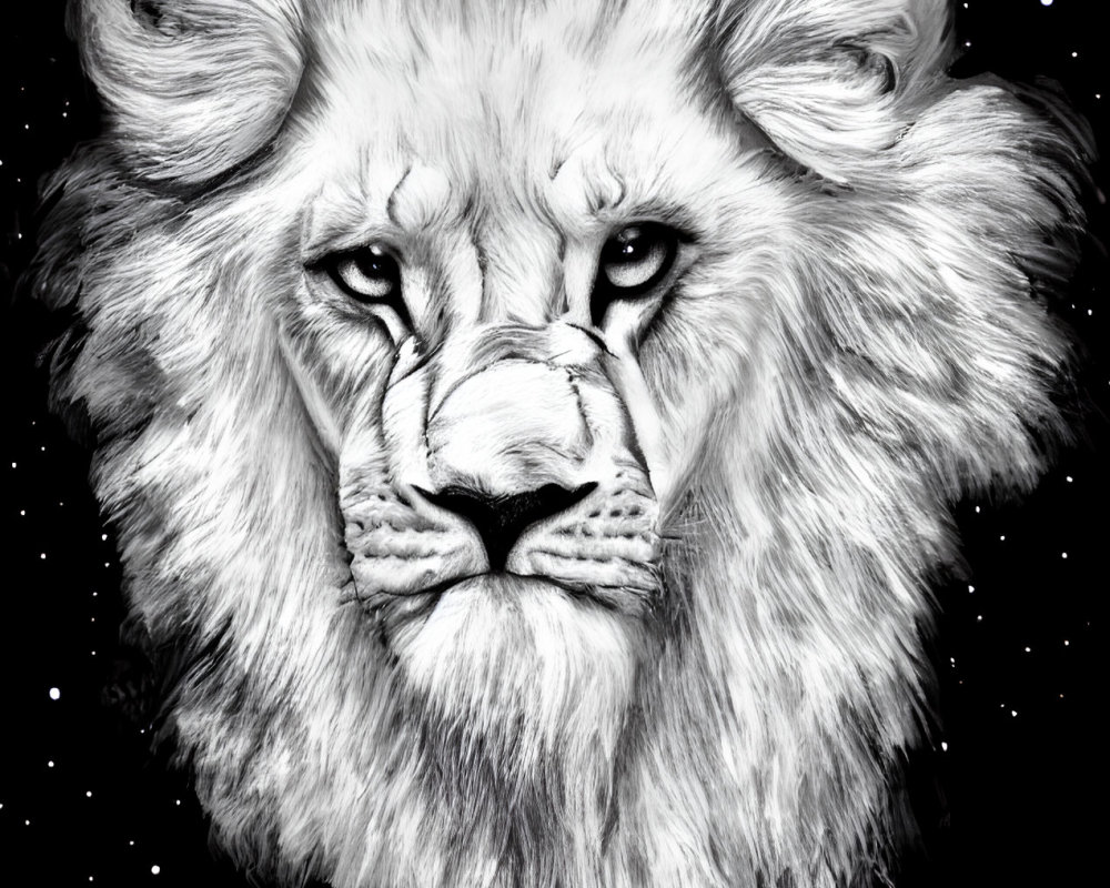 Monochromatic majestic lion with full mane on starry background