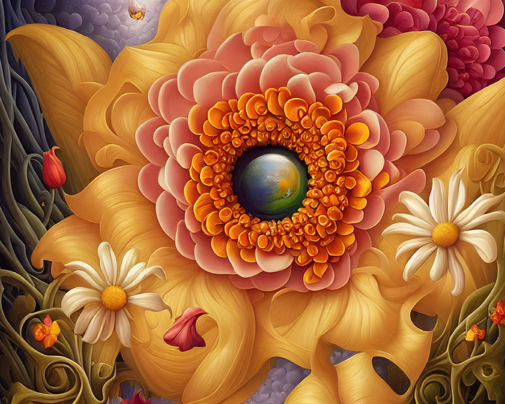 Colorful digital artwork: Flowers with orange bloom and earth-like eye