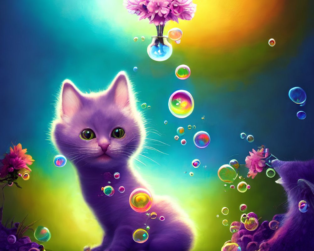 Colorful illustration of wide-eyed kitten with bubbles and flowers