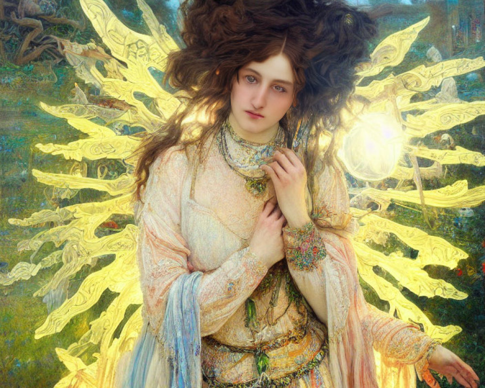 Woman with flowing hair and golden wings in mystical landscape with church