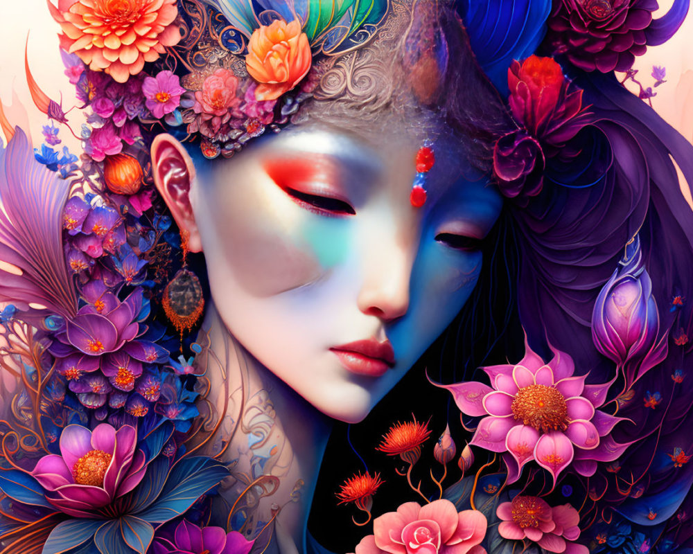 Colorful digital artwork of a woman with floral patterns and surreal beauty