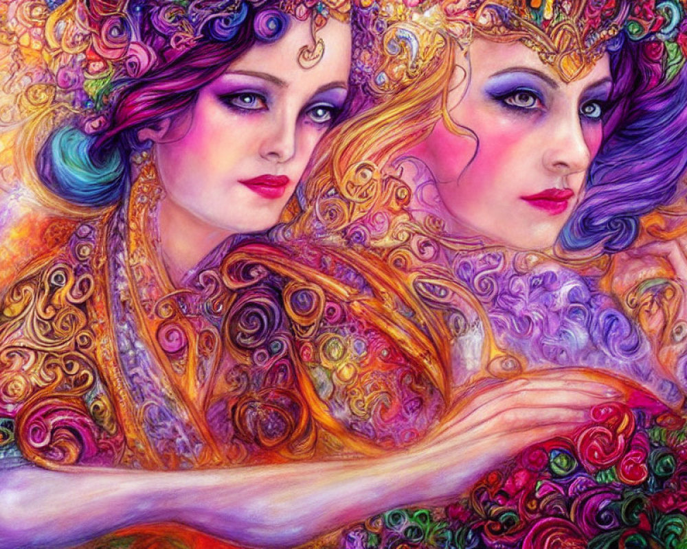 Colorful painting of two stylized women with intricate hairstyles and ornate clothing.