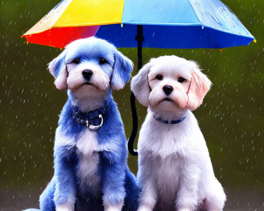Two dogs under colorful umbrella in rain